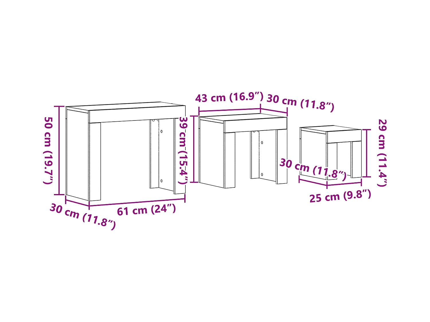 Tavolini da caffè impilabili a 3 pezzi in legno ingegnerizzato nero