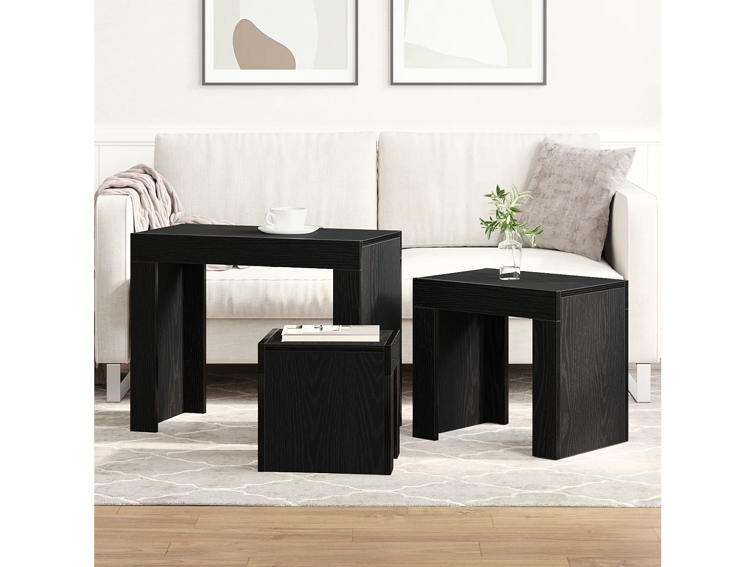 Tables basses gigognes 3 pcs en bois d'ingénierie noir