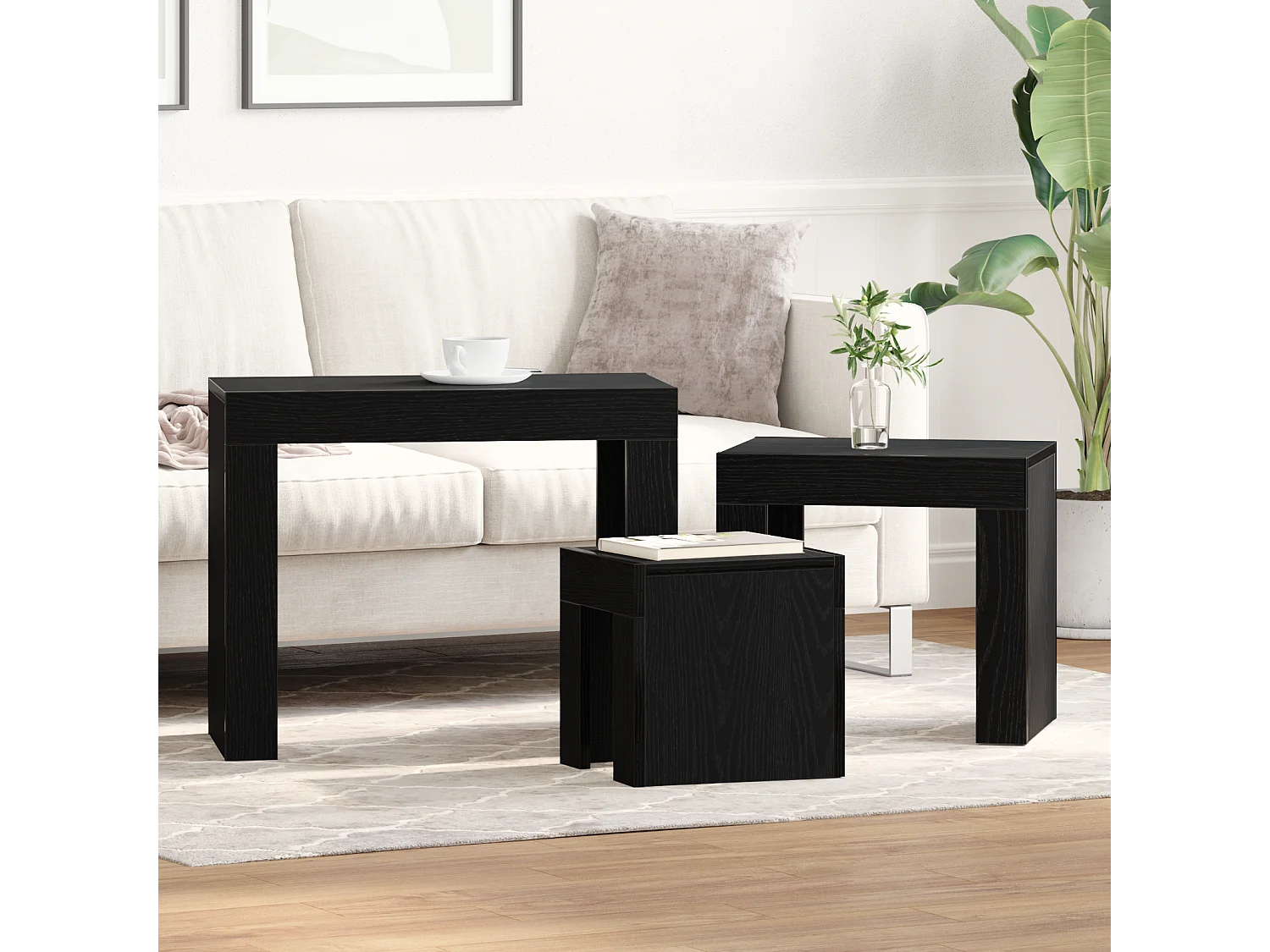 3-delige salontafels in zwart bewerkt hout
