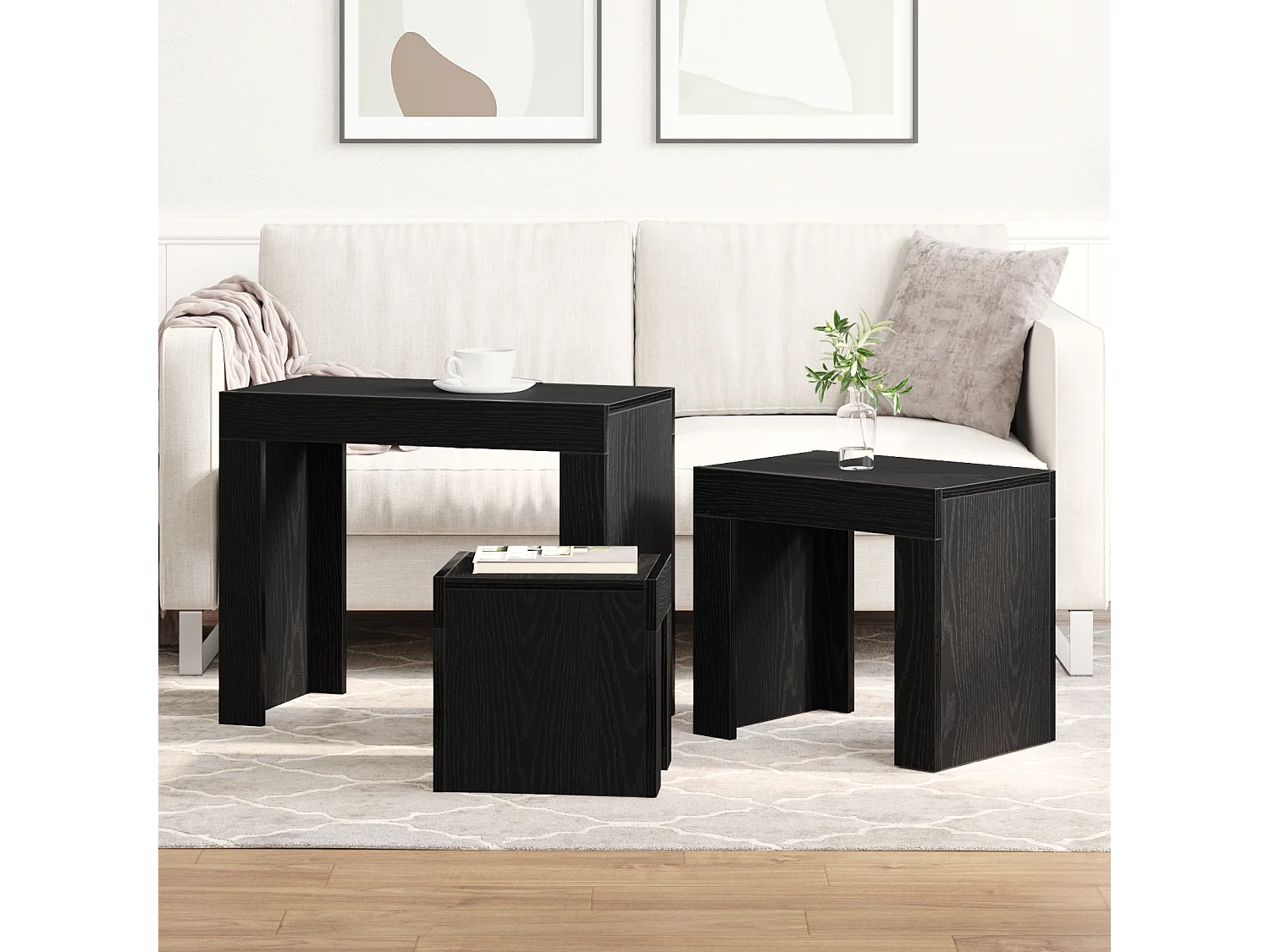 3-delige salontafels in zwart bewerkt hout