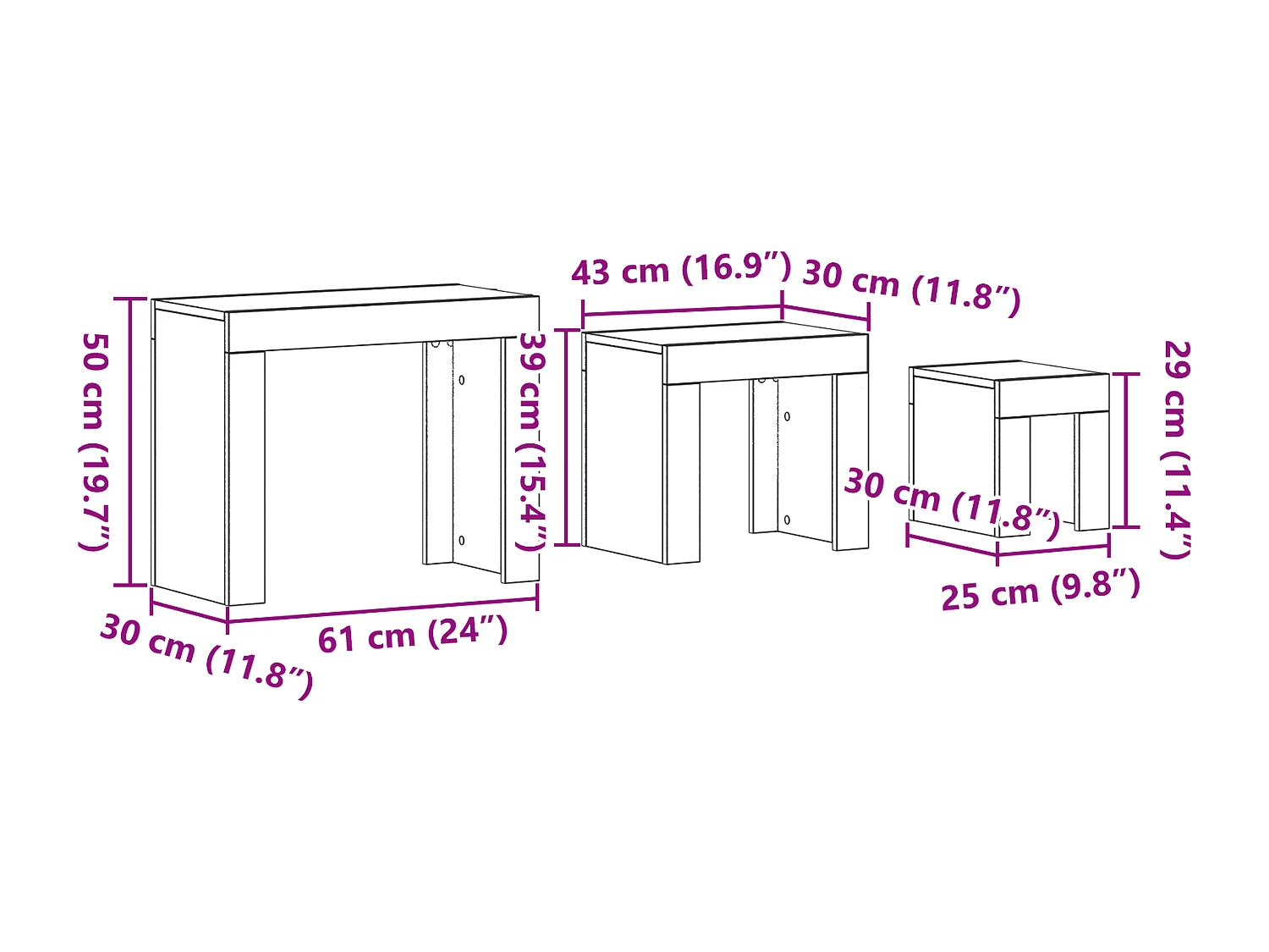 3-delige salontafels in zwart bewerkt hout