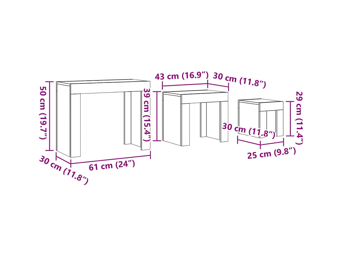Tavolini da caffè impilabili 3 pezzi in rovere lavorato a mano in legno ingegnerizzato