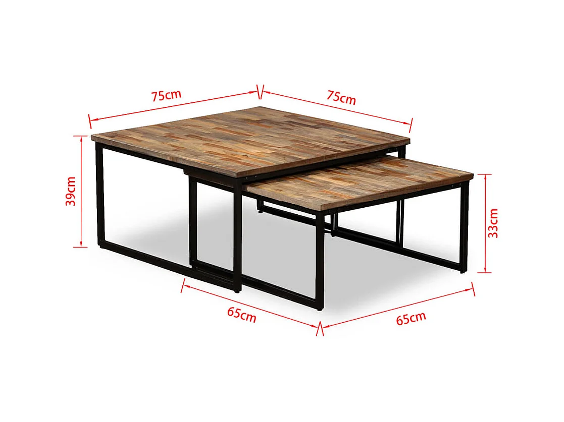 Set di tavolini da caffè impilabili da 2 pezzi, in teak massello di recupero