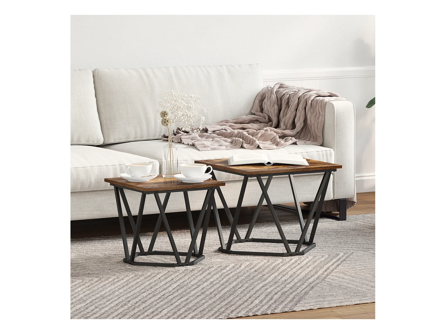 Ensemble de 2 tables d'appoint en chêne fumé en bois stratifié