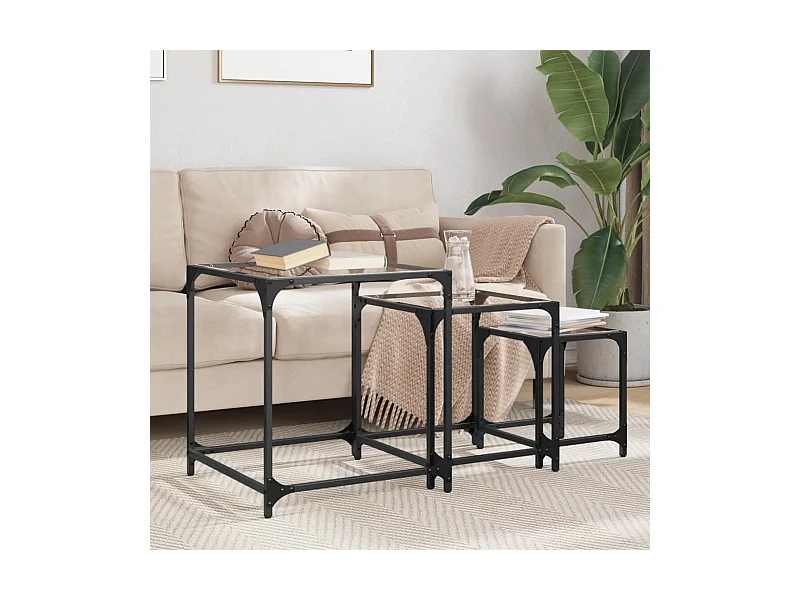 Tables basses gigognes 3 pcs dessus en verre transparent acier