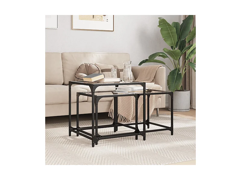 Tables basses gigognes 2 pcs dessus en verre transparent acier