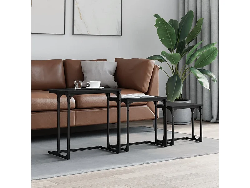 3-delige salontafelset, zwart, bewerkt hout
