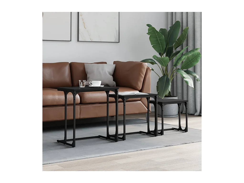 Tavolini da caffè impilabili a 3 pezzi, neri, in legno ingegnerizzato