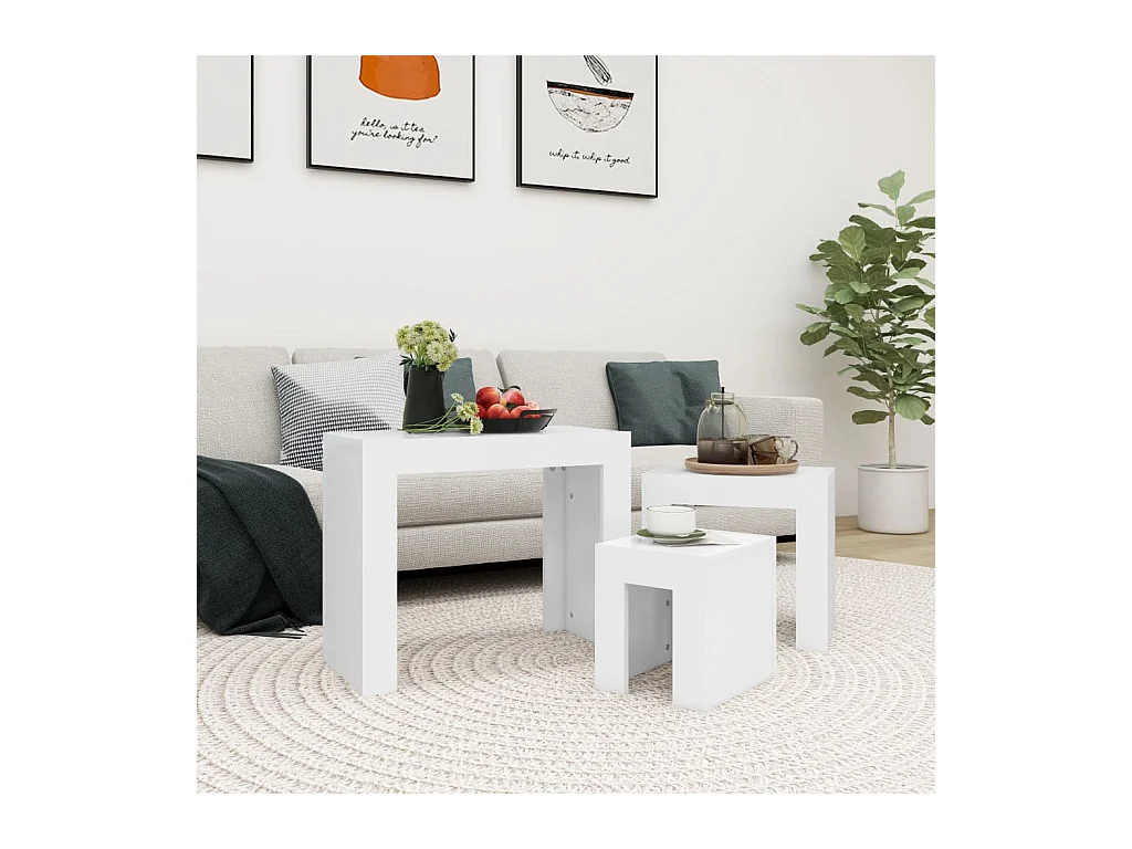 3-delige salontafelset van wit bewerkt hout