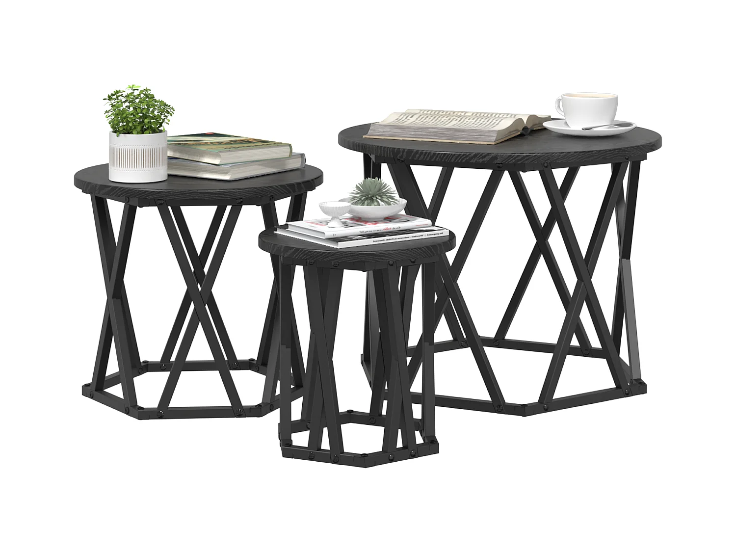 3-delige stapelbare bijzettafels, bewerkt hout, zwarte eik