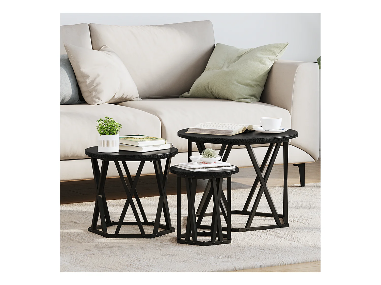 Tables d'appoint empilables 3 pcs Bois d'ingénierie Chêne Noir