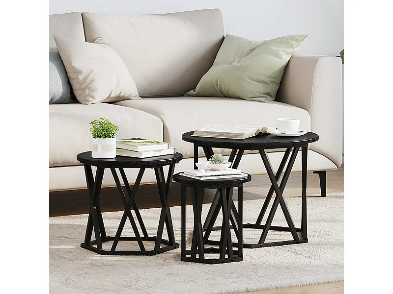 Tables d'appoint empilables 3 pcs Bois d'ingénierie Chêne Noir