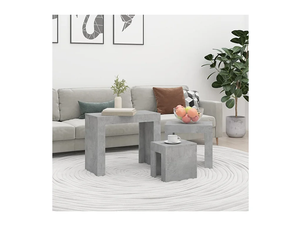 Tavolini da caffè impilabili a 3 pezzi, grigio cemento, legno ingegnerizzato