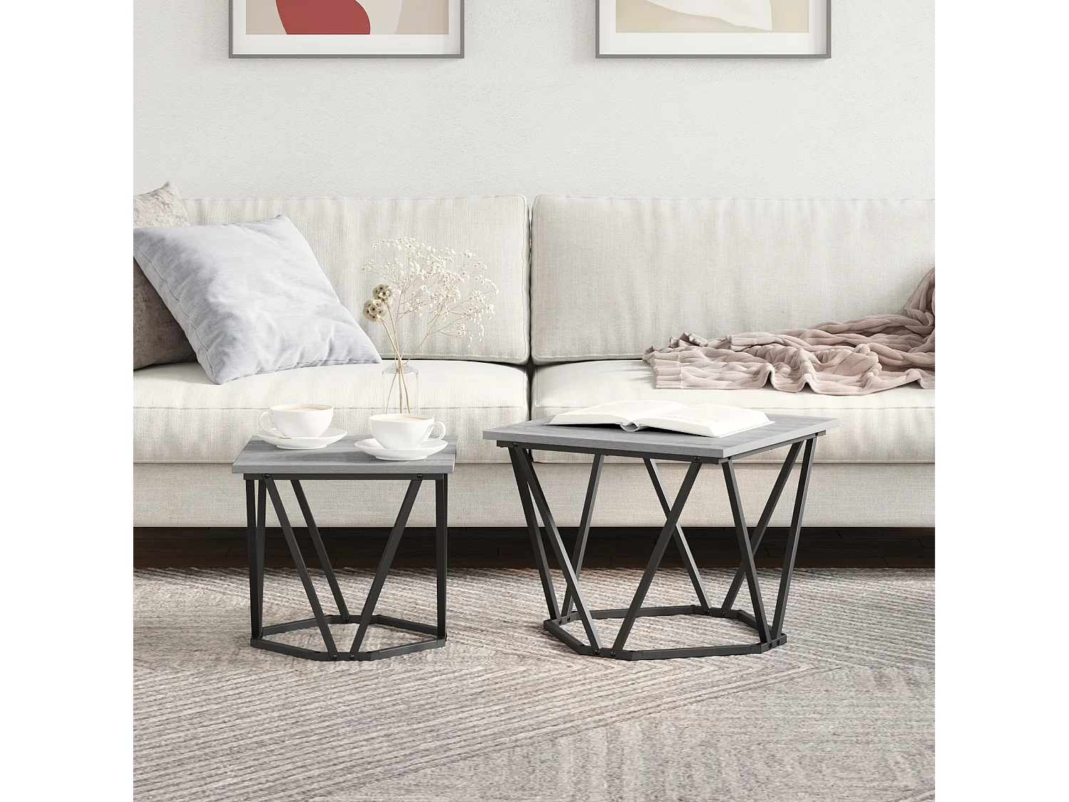 Set di 2 tavolini laterali in legno ingegnerizzato grigio Sonoma