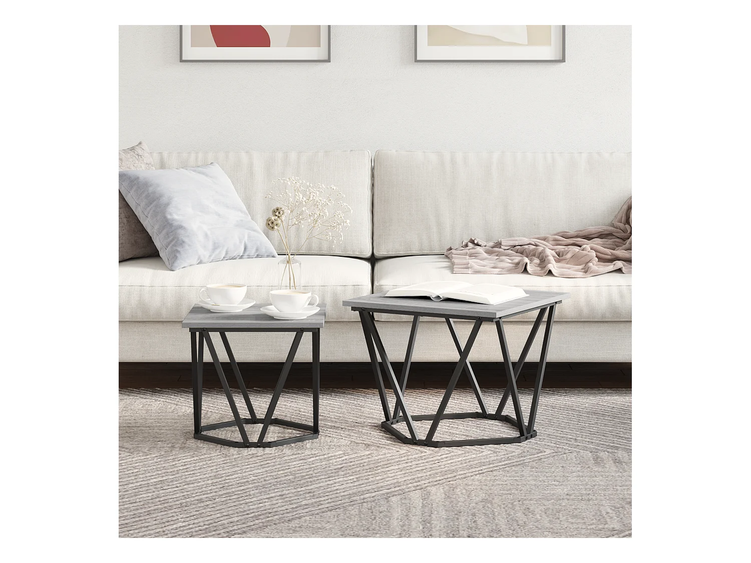 Set de 2 tables d'appoint en bois d'ingénierie gris Sonoma