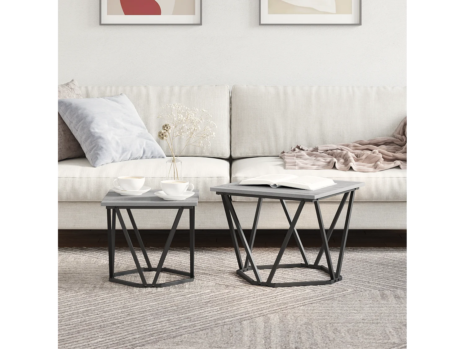 Set de 2 tables d'appoint en bois d'ingénierie gris Sonoma