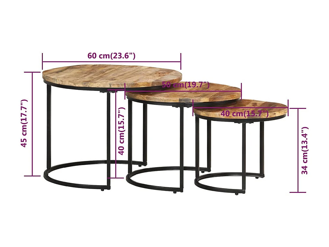 Tables gigognes 3 pcs Bois de manguier brut
