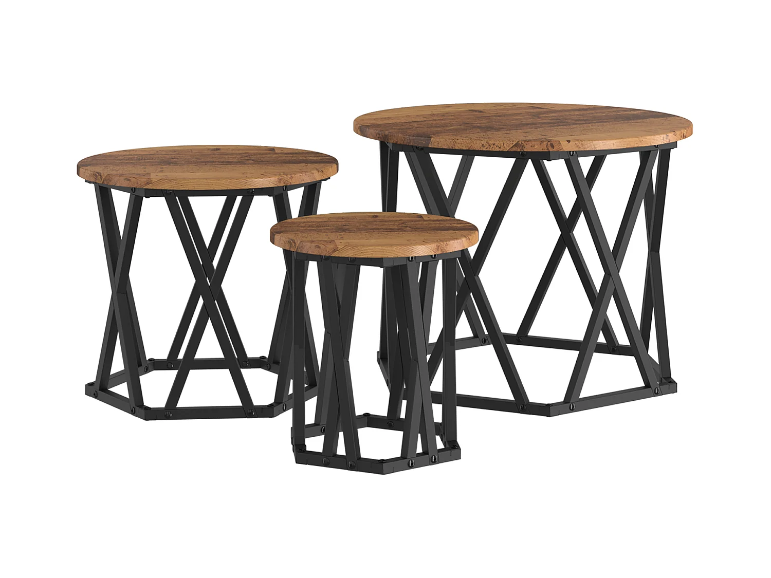 Tavolini laterali impilabili in 3 pezzi realizzati in legno riciclato e laminato