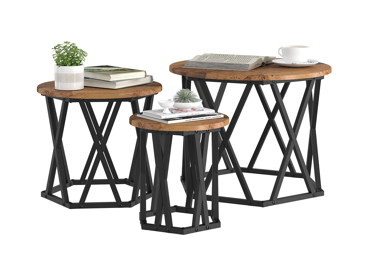 Tavolini laterali impilabili in 3 pezzi realizzati in legno riciclato e laminato