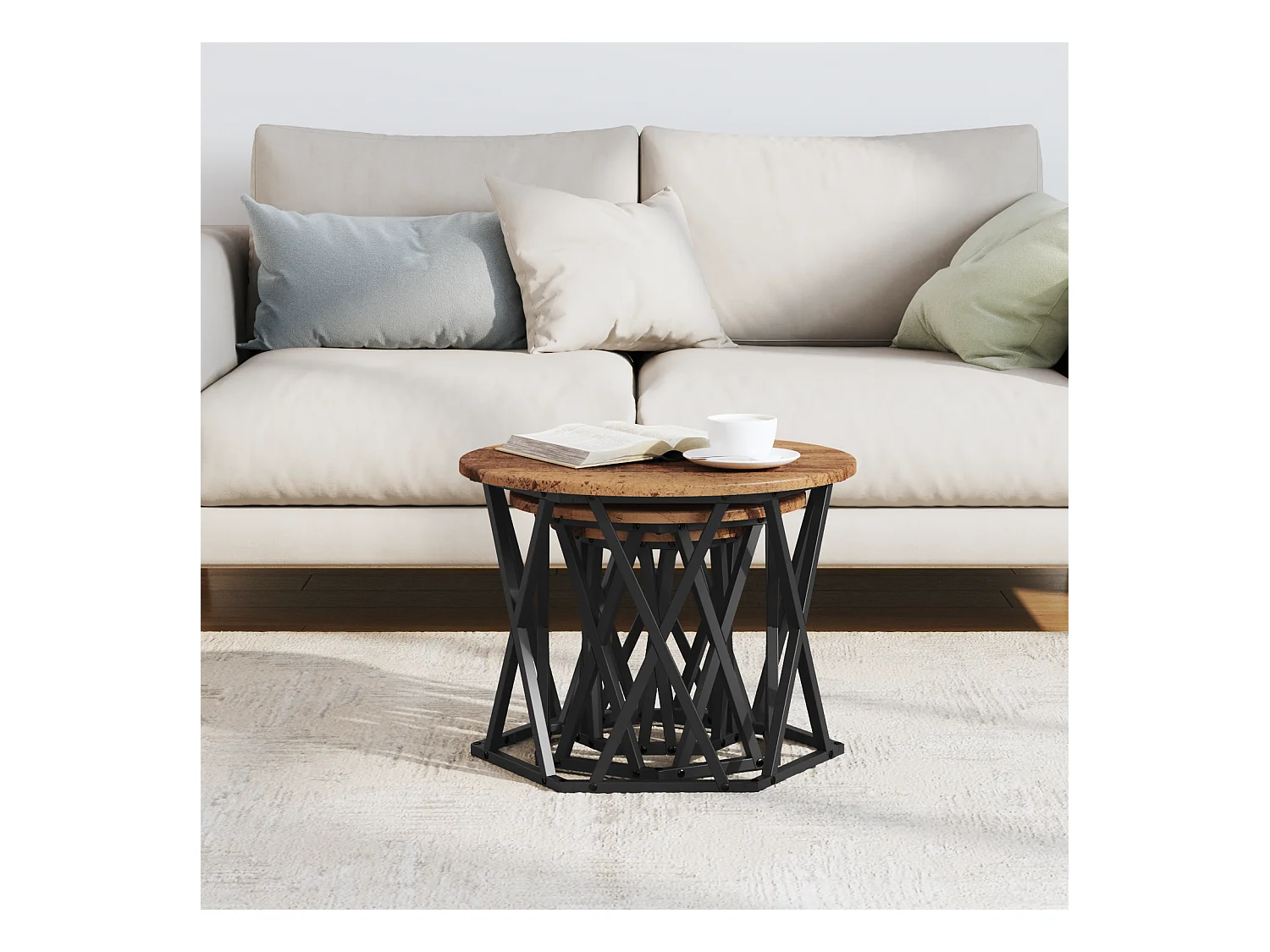 Tavolini laterali impilabili in 3 pezzi realizzati in legno riciclato e laminato