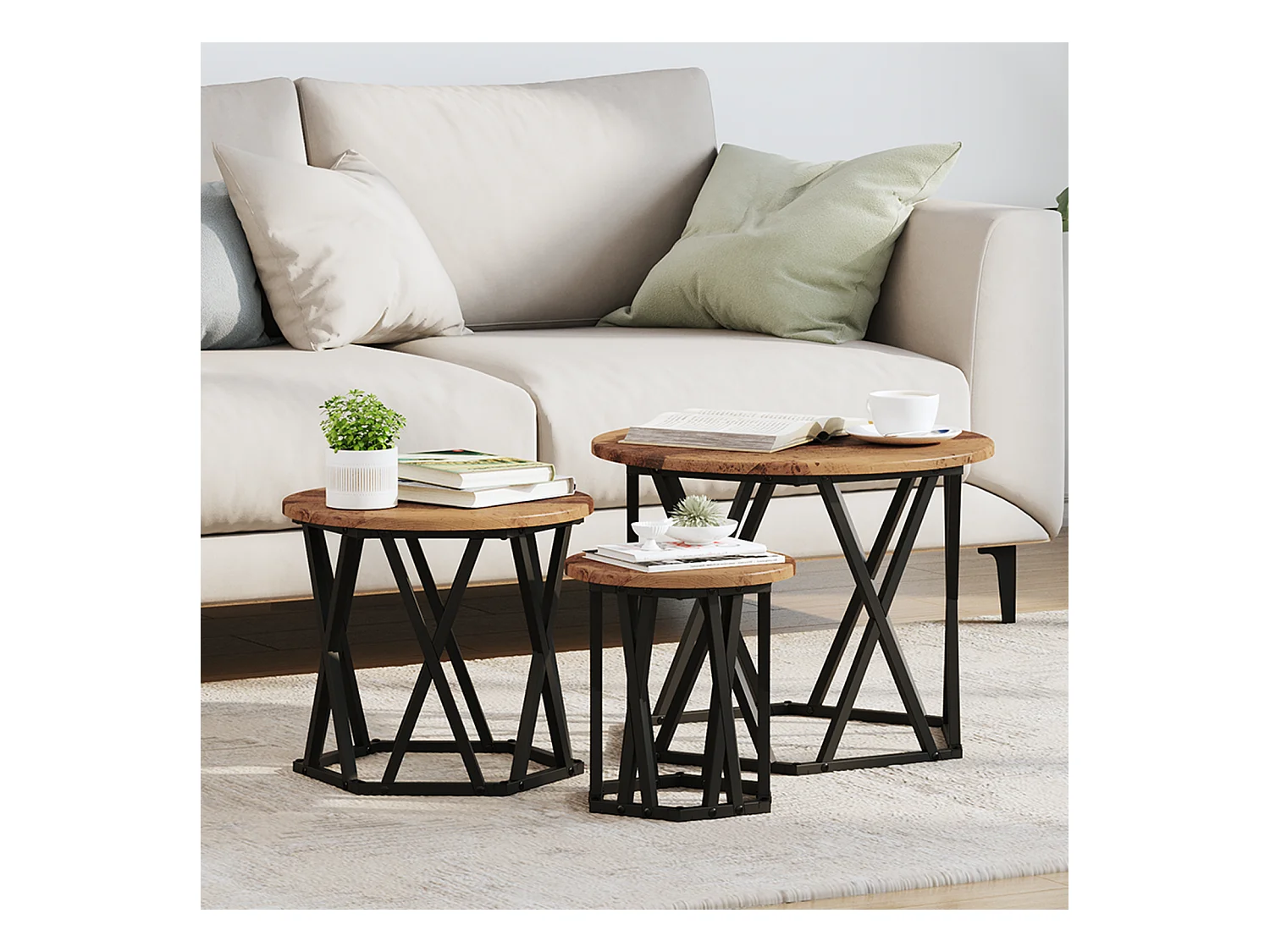 Tables d'appoint empilables 3 pcs en bois recyclé et stratifié
