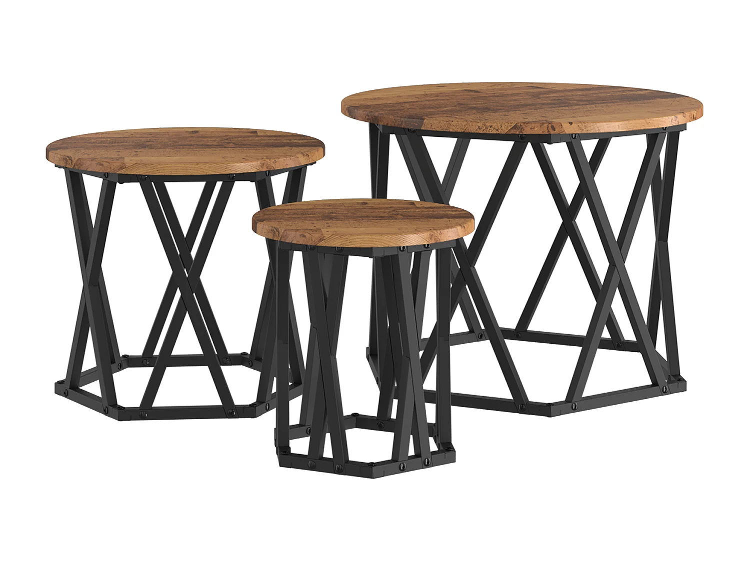 Mesas auxiliares apilables de 3 piezas fabricadas en madera reciclada y laminada