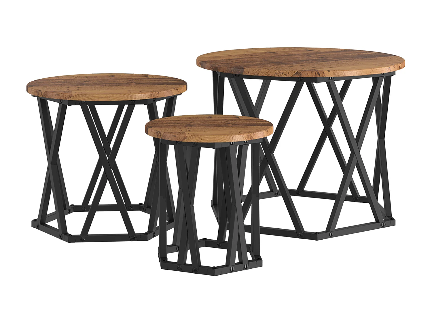 Mesas auxiliares apilables de 3 piezas fabricadas en madera reciclada y laminada