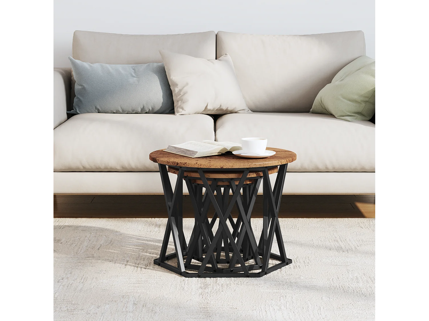 Mesas auxiliares apilables de 3 piezas fabricadas en madera reciclada y laminada