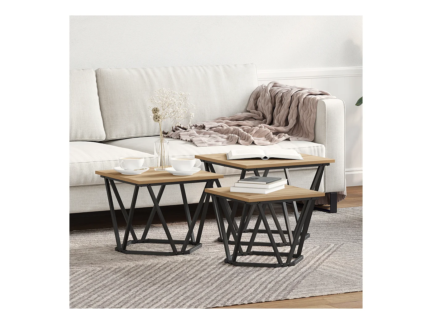 3-delige eikenhouten bijzettafels van ambachtelijk bewerkt hout