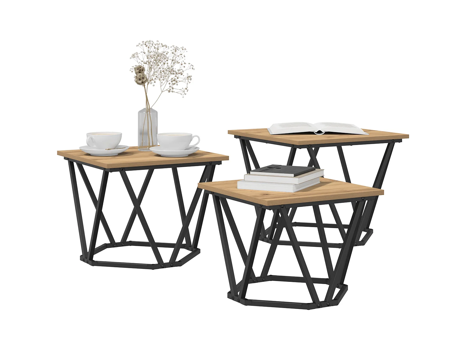 3-delige eikenhouten bijzettafels van ambachtelijk bewerkt hout