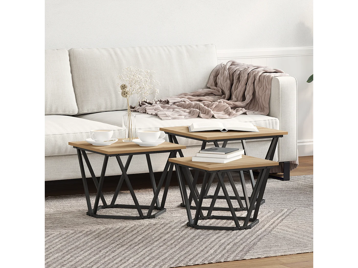 Mesas auxiliares de madera de ingeniería artesanal de roble de 3 piezas