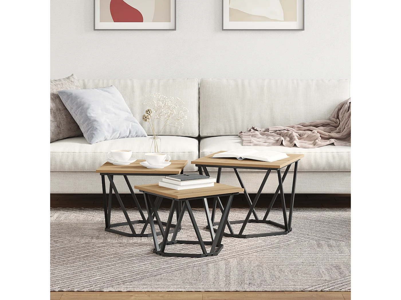 Mesas auxiliares de madera de ingeniería artesanal de roble de 3 piezas