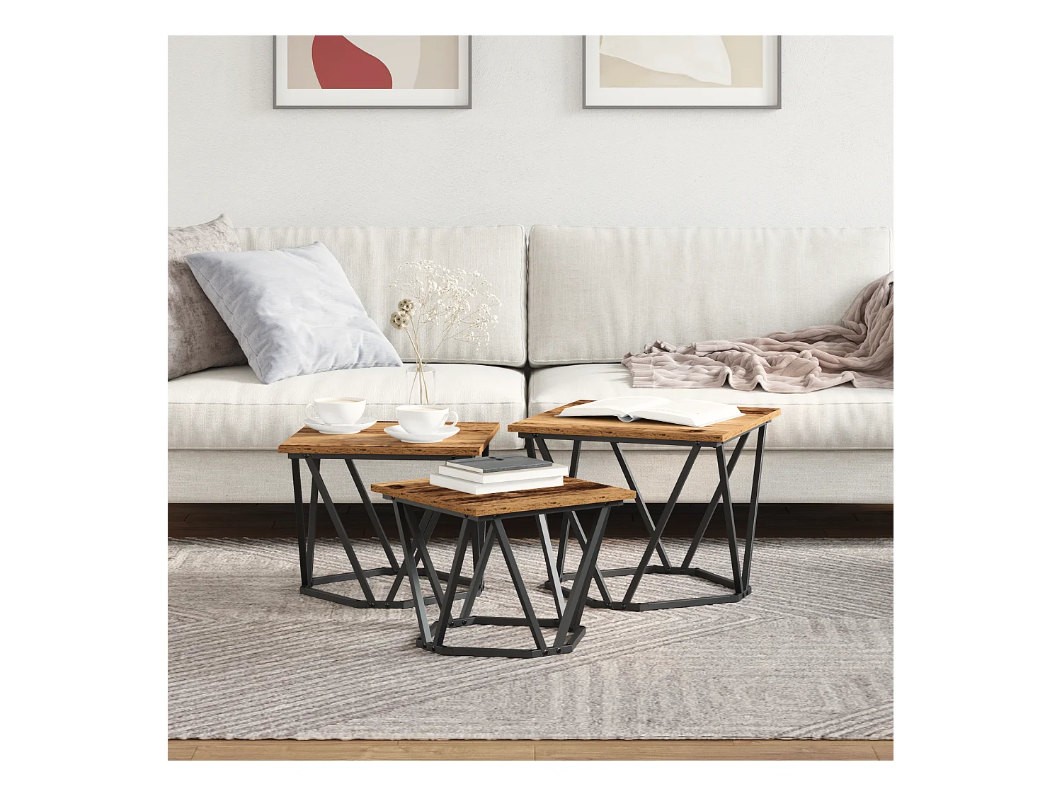 Tables d'appoint 3 pcs en vieux bois en bois reconstitué