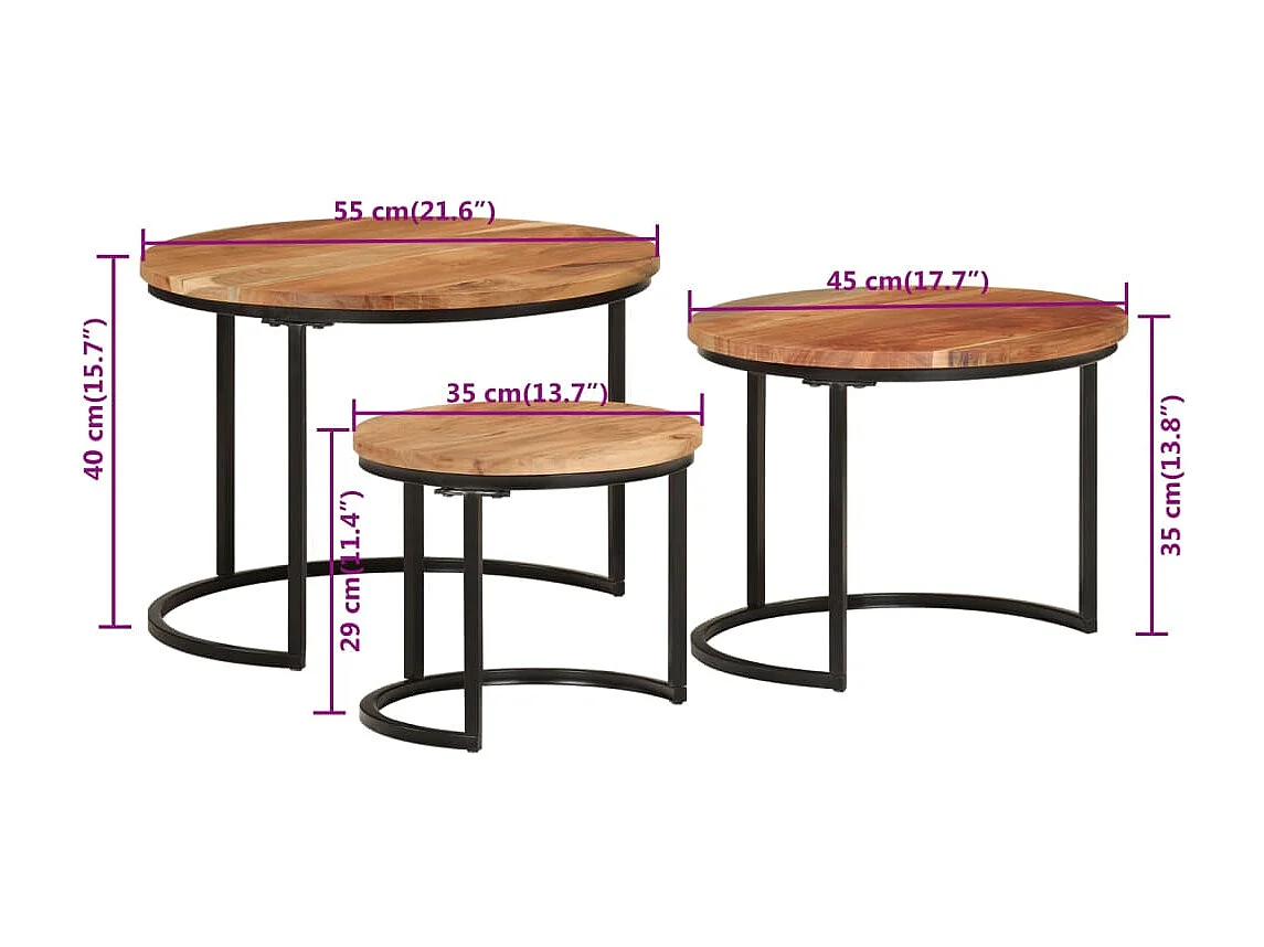 Tables gigognes 3 pcs bois massif d'acacia