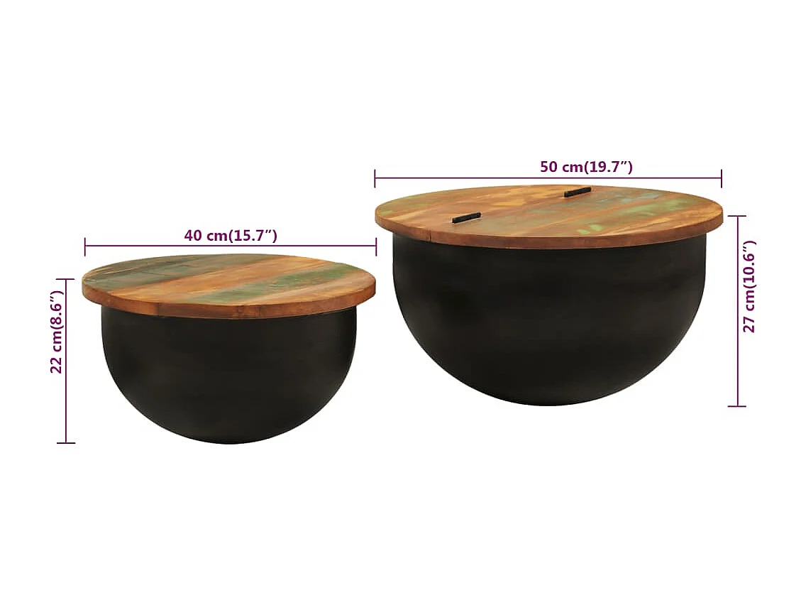 Juego de mesa de centro de 2 piezas de madera maciza recuperada negra