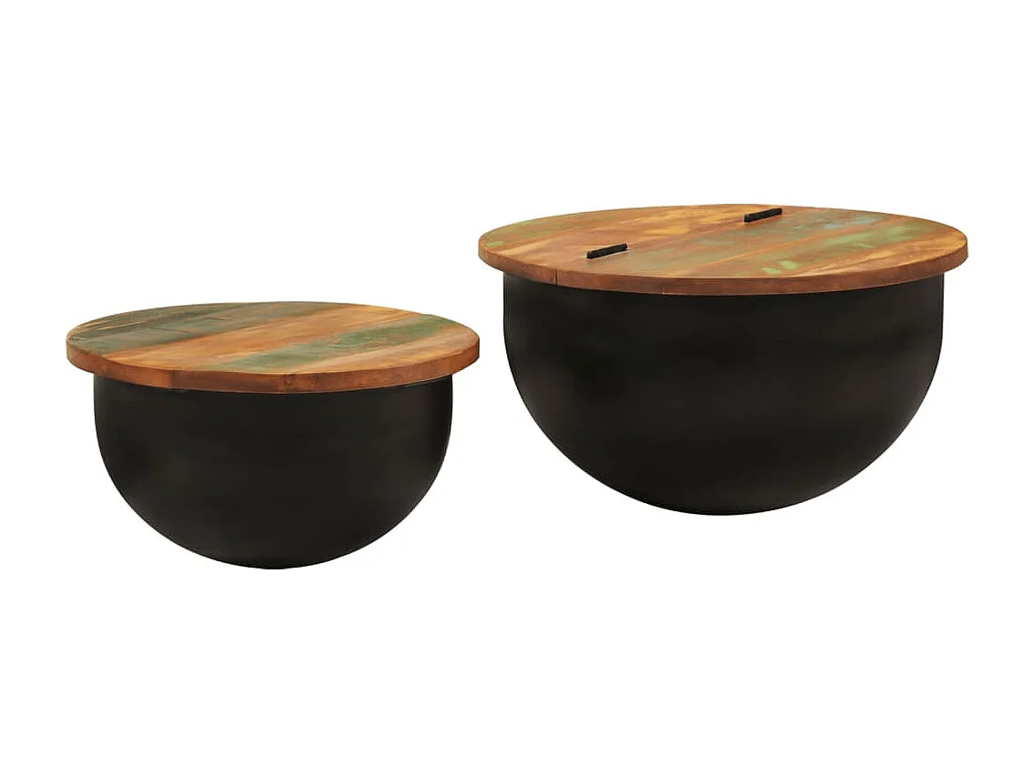 Juego de mesa de centro de 2 piezas de madera maciza recuperada negra