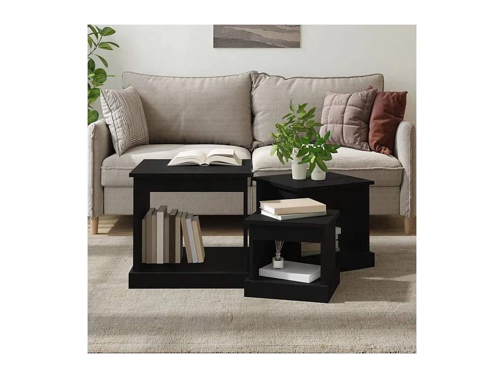 Tables basses 3 pcs noir bois d'ingénierie