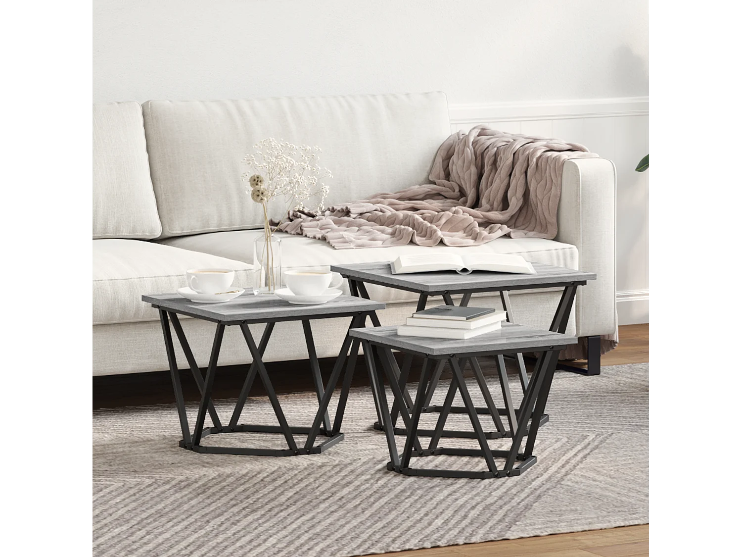 Mesas auxiliares de madera de ingeniería gris Sonoma de 3 piezas