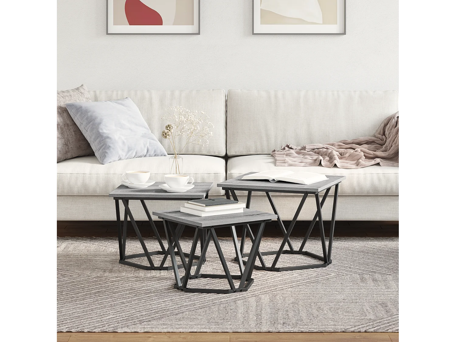 Mesas auxiliares de madera de ingeniería gris Sonoma de 3 piezas