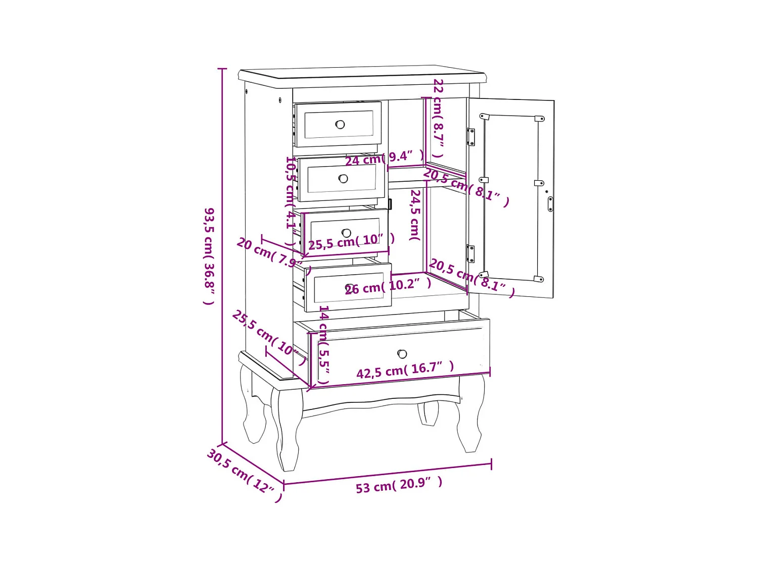Armoire avec 5 tiroirs et 2 étagères Blanc