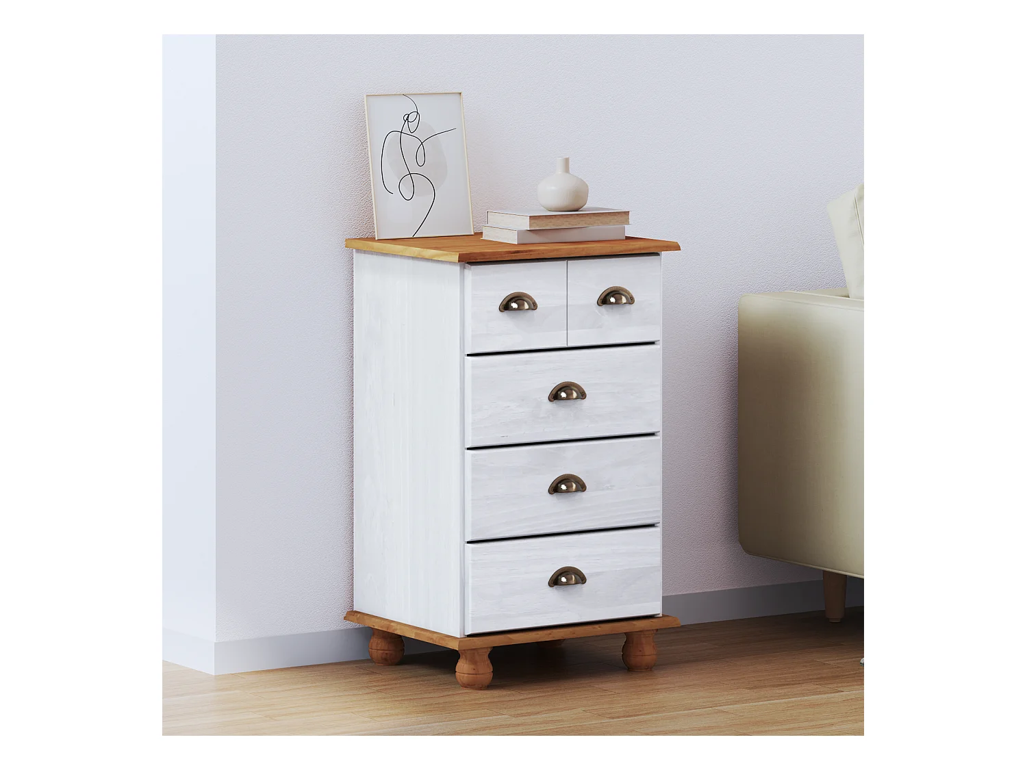 Commode blanche 45.8x40x79 cm en bois massif de pin