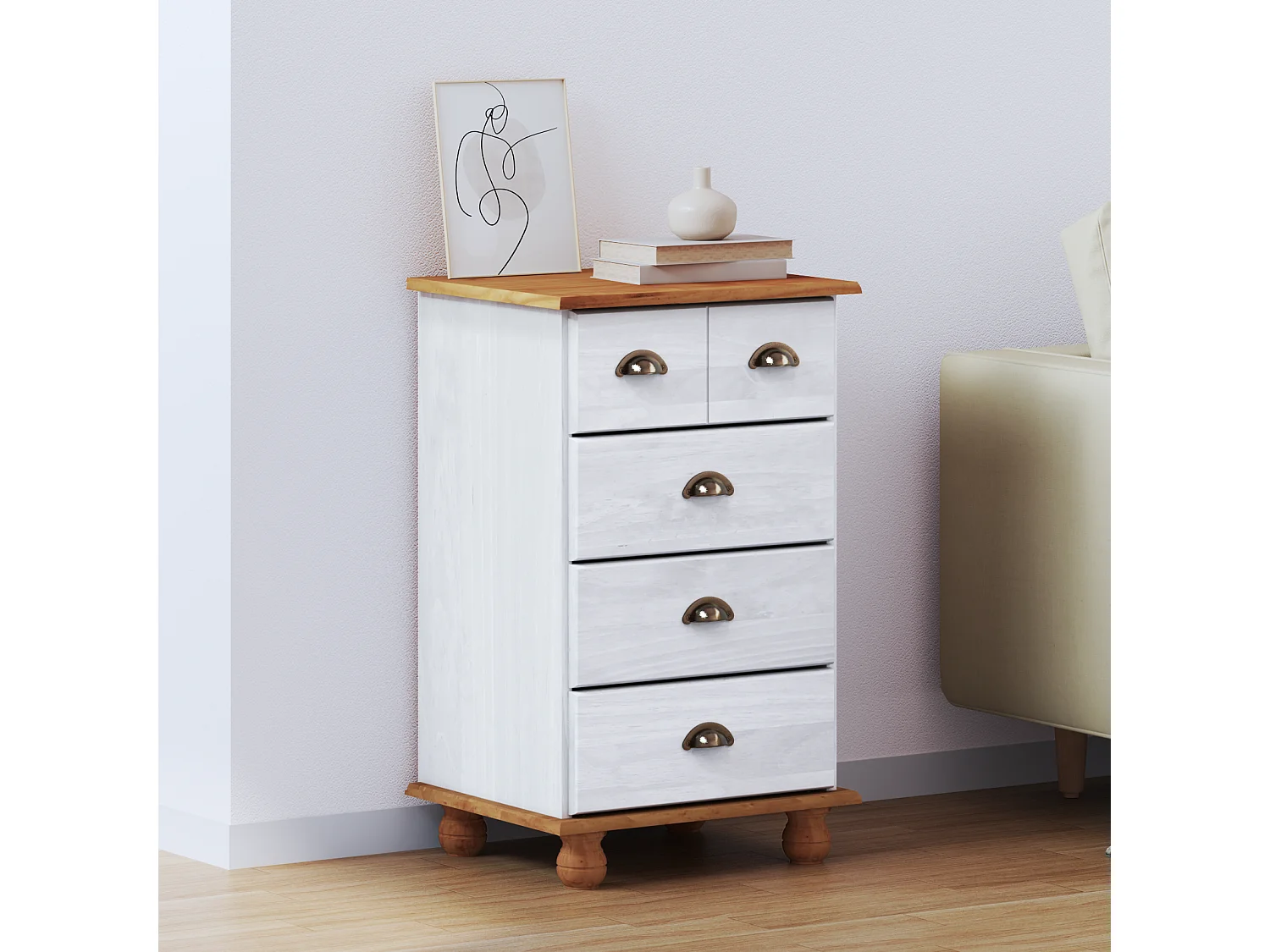 Commode blanche 45.8x40x79 cm en bois massif de pin