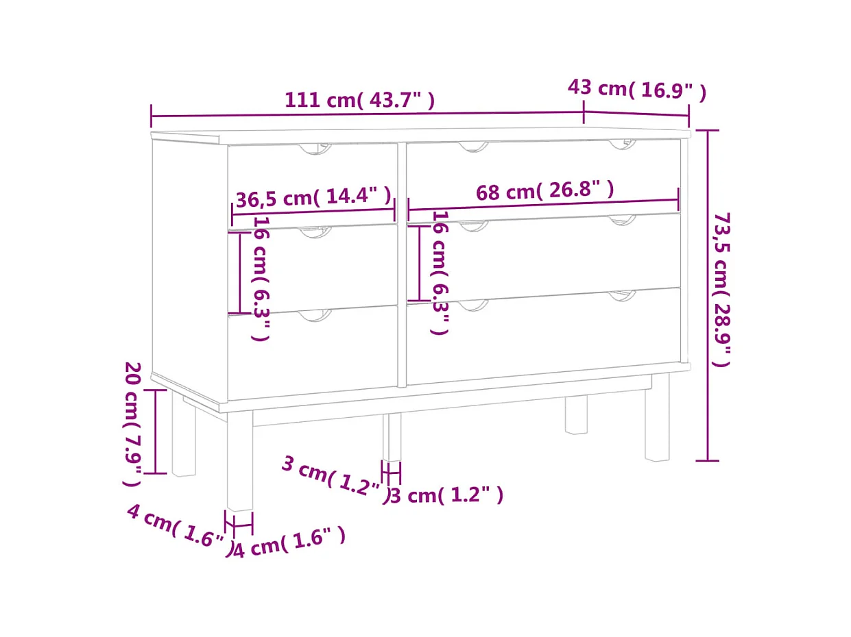 Cómoda  marrón y gris 111x43x73,5 cm madera maciza de pino