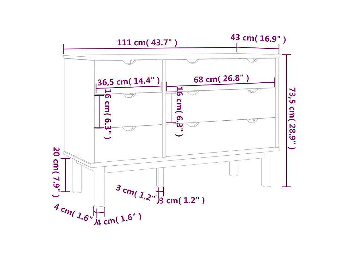 Cassettiera  111x43x73,5 cm in legno massello di pino