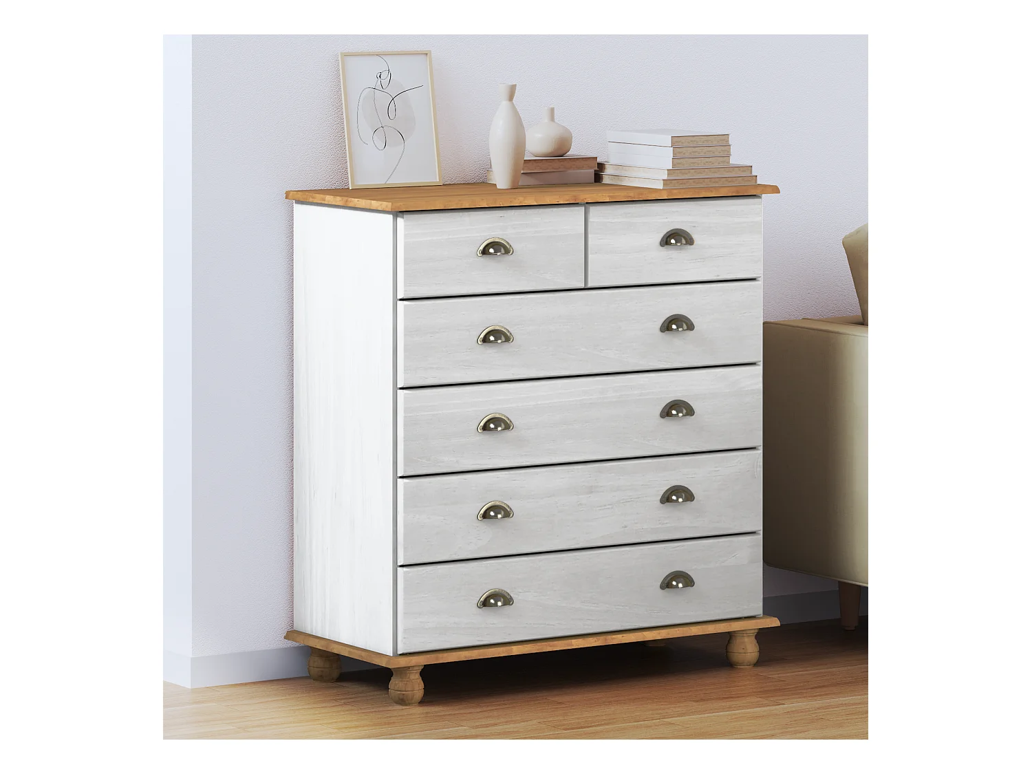 Commode  Blanche 91x40x95,5 cm en Bois de Pin Massif