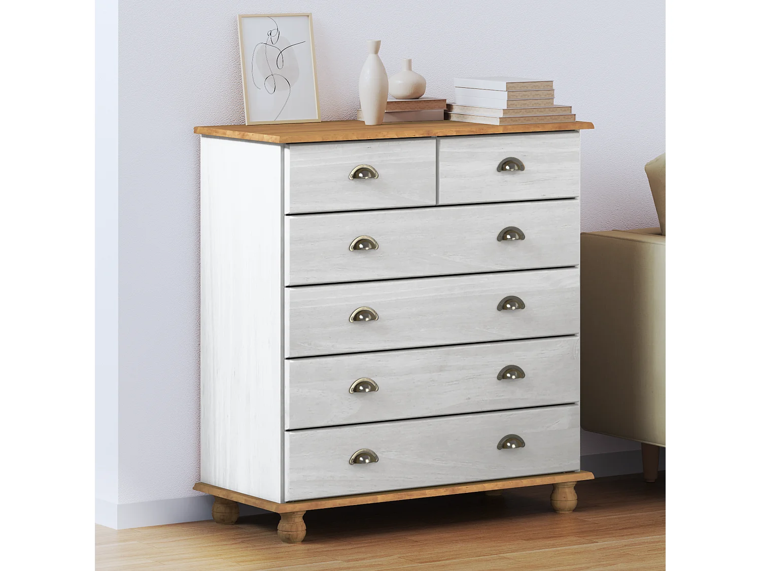 Commode  Blanche 91x40x95,5 cm en Bois de Pin Massif