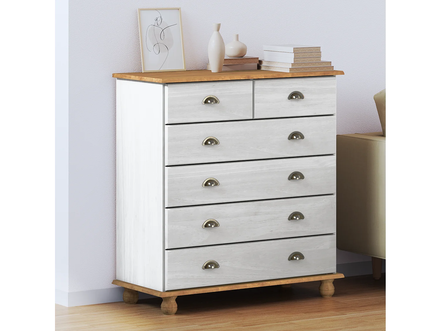 Cómoda blanca  de 91 x 40 x 95,5 cm en madera maciza de pino