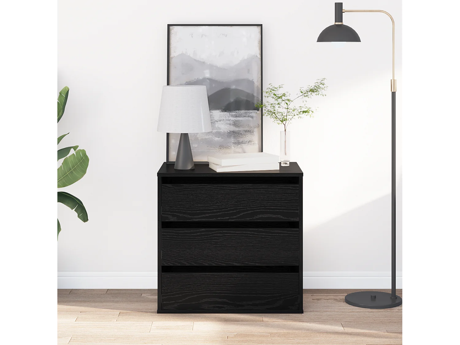 Zwarte eikenhouten hoekladekast 60x41x58 cm, bewerkt hout