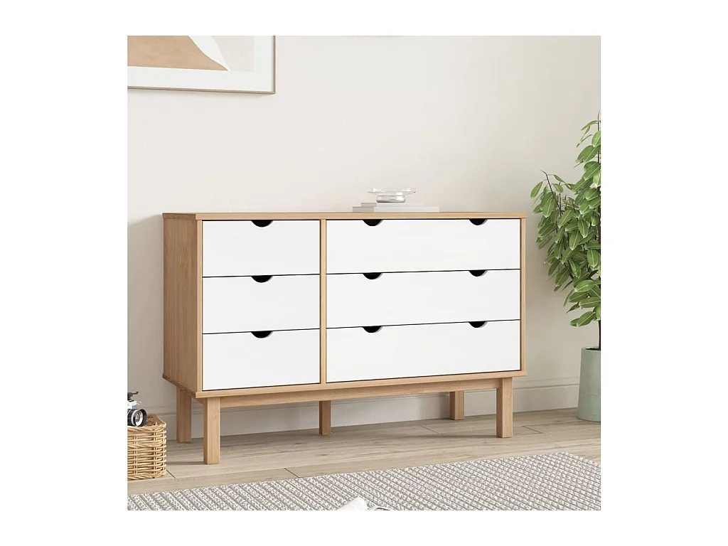 Cassettiera  marrone e bianca 111x43x73,5 cm in legno massello di pino