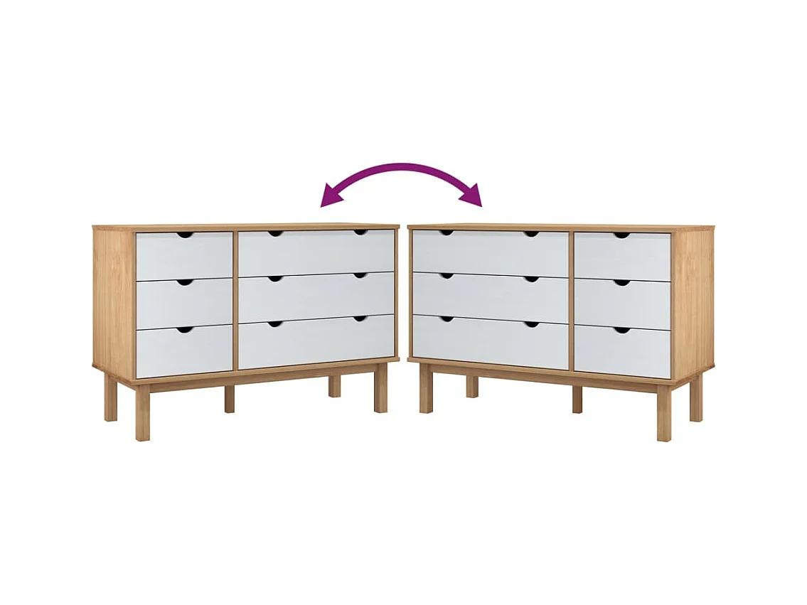 Cassettiera  marrone e bianca 111x43x73,5 cm in legno massello di pino